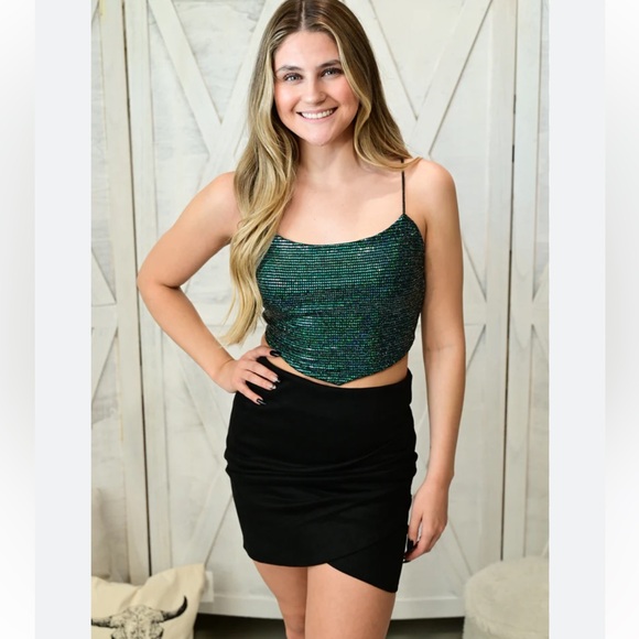 Women's Black Green Sequins Tank Top Glitter Sparkle Party Top - Picture 10 of 10